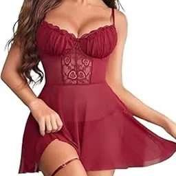 VSNAZ Women's Lace Babydoll Sleepwear, V-Neck Chemise Nightdress, Adjustable Straps-image-4