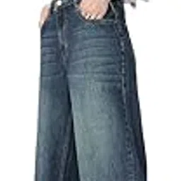 the souled store Straight-Fit Denim: Midnight Blue Women and Girls Buttoned Waistband Dark Blue Distressed Cotton Denim Lightweight Everyday All-Season Straight Fit Jeans-picture-29