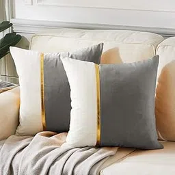 AEROHAVEN Set of 2 Premium Velvet with Gold Stripe Decorative 300 TC Throw Pillow/Cushion Covers with Invisible Zipper - (12 X 12 Inch, Grey)-picture-21