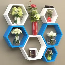 Wooden Handmade Hexagon Wall Shelves for Home Decor Racks | Decorative Handicrafts Modern Floating Shelves for Living Room Shelf | Books & Space Storage | Home & Office Decor Items (Blue & White)-image-30