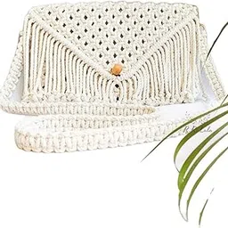 r.r.lala Women's Macrame Clutch Bag With Sling Macrame Cross-Body Bag, Macrame Bag, Macrame Purse, Over The Shoulder Bag, Color: Off White Size Wxl 10X7 Inch-picture-14