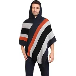 manra Men's Knitted Poncho with Cap Multi-Striped Patterns, Fringed Sides, for Winter-picture-40