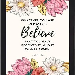 Interio Crafts Religious Wall Art Print, Mark 11:24 Bible Verse, Floral Frame Design, Black Frame, Prayer Quote - Synthetic Wood - 13 X 10 Inches-picture-24