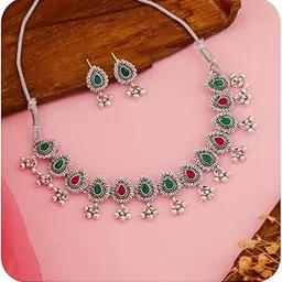 pragi Oxidized Choker Necklace Set For Women | Set Combo With Necklace, Earrings & Mangtika | Classic Vintage Look Colorful Jewellery For Girls-picture-21
