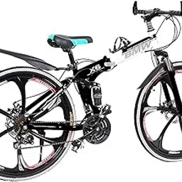 EVOPRAM Dual Suspension Bikes Latest BMW Foldable Gear Cycle for Men with 21 Speed Gear 6 Spoke | Folding Mountain Bike with Double Disc Break & Mac Wheel, 26 Inch, White & Black-image-0