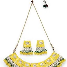 studio sukkhi Sparkling Gold Plated Meenakari With Kundan Studded Yellow Green Collar Bone Necklace Set With Studs Earrings | Jewellery Set For Women And Girls (NS105828) image 1