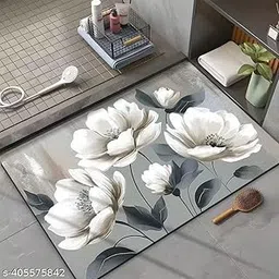 Flower Print Anti-Skid Bathroom Mat, Door Mat Rubber Water Absorbent Mats (Pack of 1)-picture-12
