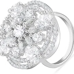 tanaira Rhodium plated adjustable American diamond ring for women round Flower design fingur ring oversized cocktail for Girls-picture-52