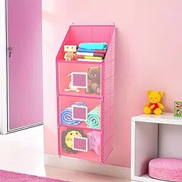 Kuber Industries Hanging Almirah | Folding Baby Almirah | 4 Compartments Storage Almirah | Hanging Wall Almirah | Wardrobe Organizer for Cloth-Shoes-Toys | Hathkadi | Pink-picture-34