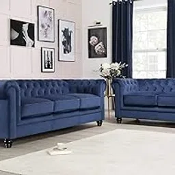 WOOD POINT Crafts Chesterfield Sofa Set, 3+2 Seater and Loveseat a Modern Velvet L-Shaped Seating Chaise with Buttons and tufting for use in The Living Room, Dining Room (Blue Velvet)-image-19