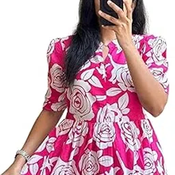 satyavrat Womens White Floral Print Midi Dress | Fit & Flare Kurti with Short Sleeves | Casual Summer Outfit Vacation-picture-32