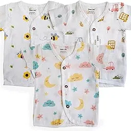 tummy time Muslin Front Open Jabla for Newborn Baby – White Printed, Half Sleeve Jabla| Muslin Soft Cotton Dress-picture-19