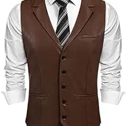 kacheeg Men's Western Leather Suit Vest Slim Fit Waistcoat V Neck Casual Vest Jacket-picture-11