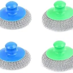 Kitchen Scouring Pad with Handle, Stainless Steel Scrubber, Pack of 4, Blue and Green-image-92
