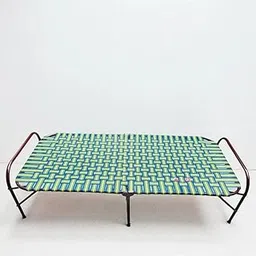 Portable Iron Folding Bed with Woven Nylon Straps, Blue and Yellow Pattern, Single Size, Lightweight Camping Cot, Indoor Outdoor Use 3X6 FEET Size-picture-19