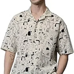 the souled store Peanuts: Characters Men and Boys Short Sleeves Collared Neck Button Front Off White All Over Printed Regular Fit Cotton Holiday Shirts image 1