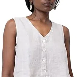 reistor Women's Cropped Vest Top, 90s Inspired 100% Linen Button-Front Sleeveless Shirt in Ecru Linen Check-picture-40