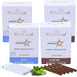 White Leaf Herbals Mint & Clove Flavour Cigarette, Tobacco and Nicotine Free Herbal Smoke Sticks Pack Of 4 (80 Sticks)-picture-36