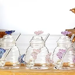 Honey Jar with Stirring Rod and Lid Clear Butterfly Shaped Storage Container Pink-picture-26