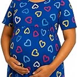 Maternity Empire Waist Dress, Royal Blue with Multicolor Heart Print, Short Sleeve, Pull up Maternity Feeding Wear-picture-11
