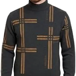 Men's Premium Geometric Pattern Turtleneck Sweater, Soft Knitted Winter Pullover, Charcoal Grey with Brown Design, Casual Office Wear-picture-26