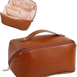 ANGEL KISS Large Capacity 12 Cms Cosmetic Bag, Women's Makeup Travel Bag Portable Leather Cosmetics Bag, Makeup Storage Bags with Handle and Divider, Wide Opening Cosmetic Organizer Bags (Brown)-picture-29