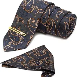 Mens Blue Necktie Italian Silk Suit Tie with Golden Tie Pin Pocket Square American Style Formal Tie Gift Set for Men (TEGPBU)-image-75