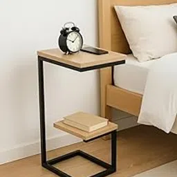 Modern C-Shaped Side Table, 2-Tier Bedside End Table with Metal Frame, Natural Wood Finish Nightstand for Bedroom, Living Room image 1