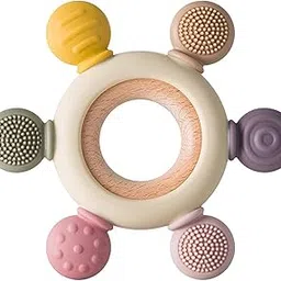 GOSHTI ENTERPRISE Baby Teething Toys Silicone Teethers Bpa Free Wooden Teether Newborn Infant Toys Gifts Soft Silicone Infant Rattle for Mouth 2 in 1 Teething Toy for Babies 3 6 9 12 18 Months-picture-26