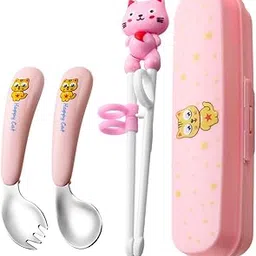 ZIBUYU® Training Chopsticks for Kids, Stainless Steel Fork and Baby Feeding Spoons for 6 to 12 Months, Chopsticks for Beginners Weaning Spoons Toddler Flatware Sets Tableware Christmas Gifts Pink-picture-31