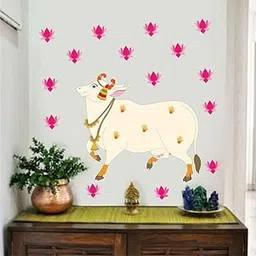Decal O Decal Pichwai Sacred Cow with Pink Lotus Flower for Living & Pooja Room Self Adhesive Wall Sticker-image-37