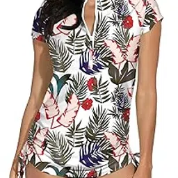 besserbay Women's UV Sun Protection 1/4 Zip Short Sleeve Ruched Rash Guard Shirt-picture-51