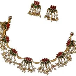 Lotus Flower Design Necklace Jewellery Set for Women & Girls | Gold Plated Alloy with Earrings | Cubic Zirconia, Adjustable Design-image-75