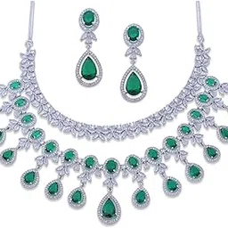 iksava Rhodium Plated Green Emerald Necklace Set with Earrings American Diamond Bridal Jewellry Set with Earrings / Statement Bridal Jewellry - Ideal for Weddings, Engagement, and Special Occasions for Womens.-picture-27
