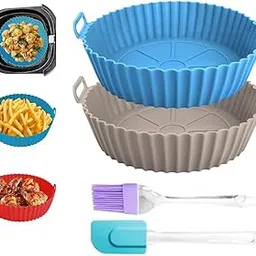 Reusable Multi-Color Round Silicone Blue and Grey Air Fryer Basket with Ear Handles | Nonstick + Oil Brush & Spatula-picture-15