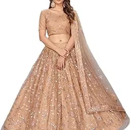 shopgarb Women's Sequins Embroidered Net Stylish Lehenga Choli With Dupatta (1049-gold-wedding-bridal-latest-new; Free Size). image 1