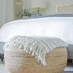 Round Jute Pouf Ottoman, Handwoven Floor Cushion with Fringe Throw, Natural Beige-picture-19