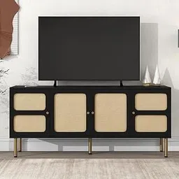 ND INTERNATIONAL Modern TV Stand with Rattan Mesh Doors – Solid Wood 6-Door Storage TV Stand with Open Shelves – Black Finish Media Console with Gold Metal Legs for Living Room, Bedroom, or Office-image-11