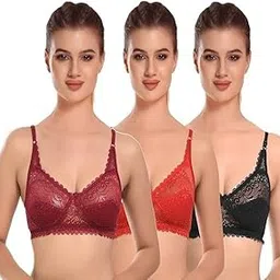 Women's Lace Net Sexy Honeymoon Lingerie | Bra Full Coverage, Wire Free Bra Women and Girls Pack of 3-picture-13