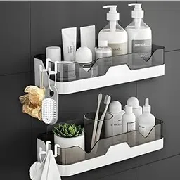 Treovia Pack of 2 Self-Adhesive Bathroom Shelf Organizer – Plastic Wall Mounted Storage Rack, No Drill Floating Shelf for Kitchen & Bathroom Accessories (2)-image-57
