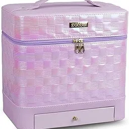 SHAMAX® Premium Makeup Organizer Box Jwellery Case Makeup Box Train Case & Cosmetic Kit Organizer for Women Makeup Brushes Accessories, 4 Tray with Big Drawer Compartments (PU Leather) Purple-picture-19