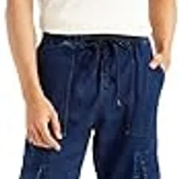 Men's Tapered Dark-Blue Cargo Jogger Jeans-image-0