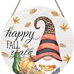Hello Fall Gnome Sign for Front Door Decor 12"x12" Autumn Farmhouse Wall Sign Rustic Round Wooden Hanging Door Sign for Home Front Door Wall Porch Yard Garden-image-11
