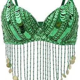 MYADDICTION Belly Dance Beaded Bra Sequins Tassel Top Dancing Singer Costumes Green-picture-24