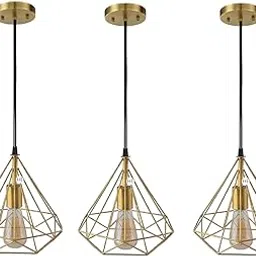 HomesElite Metal Cage Ceiling Light, Vintage Gold Diamond Shape, Adjustable Pendant for Restaurant, Cafe, Indoor Lighting (Bulb Not Included) (Set of 3)-picture-18