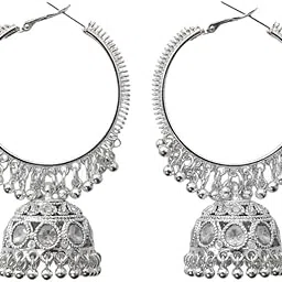 roforuf Silver Plated Hoop Jhumka Earrings for Women & Girls | Traditional Ethnic Fusion Earrings with Danglers | Party, Festival & Wedding Jewellery-picture-15