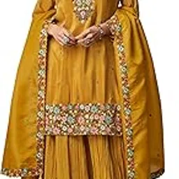 miss ethnik Women's Yellow Organza Stitched Top with Bottom and Dupatta 3/4 Sleeve Embroidered Straight Kurta Palazzo Set (ME-1277)-picture-26