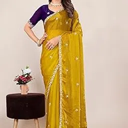 Kandora Women's Jimmy Choo saree | Handloom Stone Work Saree | beautiful sequence Work | Work Scalloped Cut Work Border saree | With Separate Blouse PieceKNREAL1-6273-YELLOW-picture-49