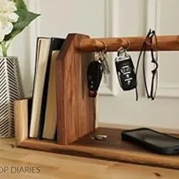THE DECOR WOODS Mobile Stand, Books Stand Key Holder for Home Entryway Key Holder Key Desktop Storage Box Keychain Key Rack with Tray Wood Table - 4 Hooks-picture-47