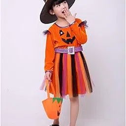 Kaku Fancy Dresses Halloween Pumpkin Dress With Witch Hat & Candy Basket, Halloween Costume For Girls - Orange-picture-12